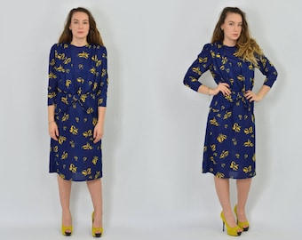 Retro dress vintage secretary navy blue printed floral Babydoll midi dress caftan 3/4 sleeves puff shoulder L Large