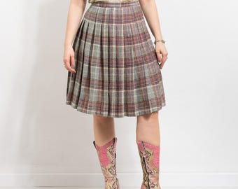 Scottish Tartan Wool Skirt Pleated Vintage Plaid Autumn S/M