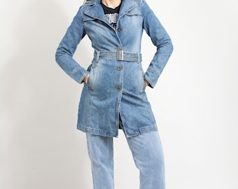 Gabardina vaquera vintage con cinturón, talla S/M para mujer.