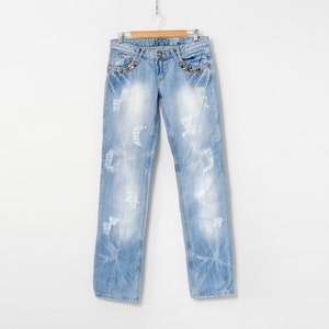 Just Cavalli y2k jeans low waist embellished distressed light blue denim size 29