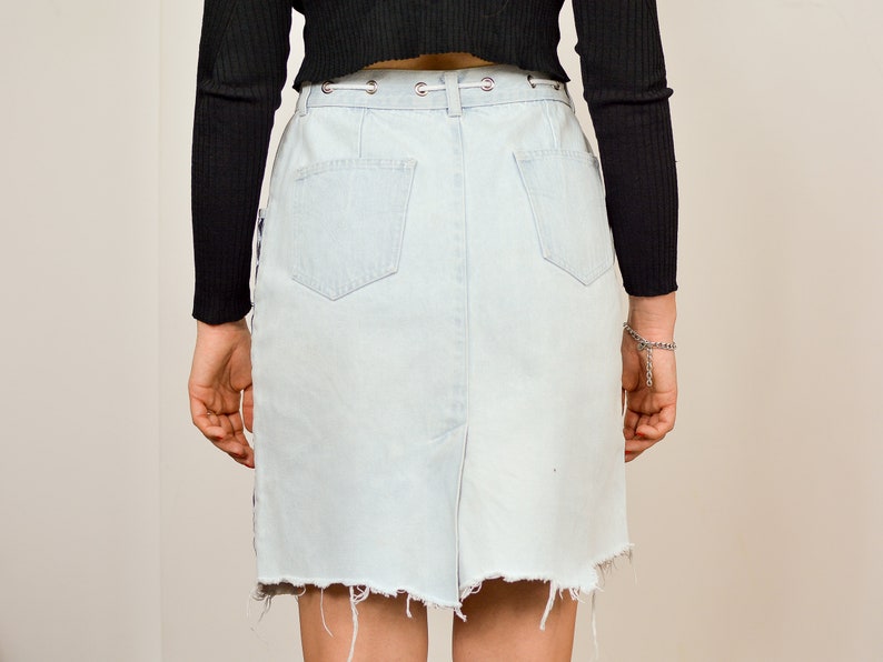 Reworked denim skirt W29 Frayed lace up Mini cut off light blue jean Vintage 90's High waisted Pockets 90's M Medium image 7