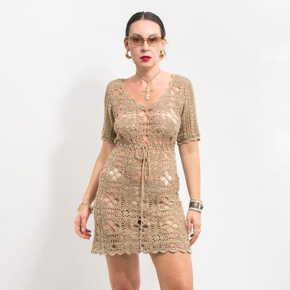 DKNY Crochet Dress Knitted Openwork Boho Women L
