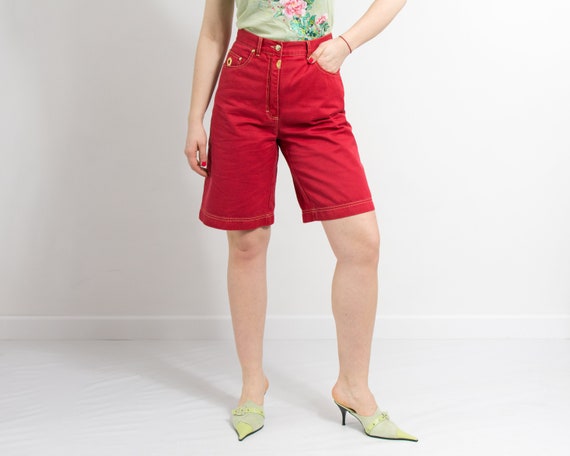 Vintage 80's denim shorts red golden spikes high … - image 9