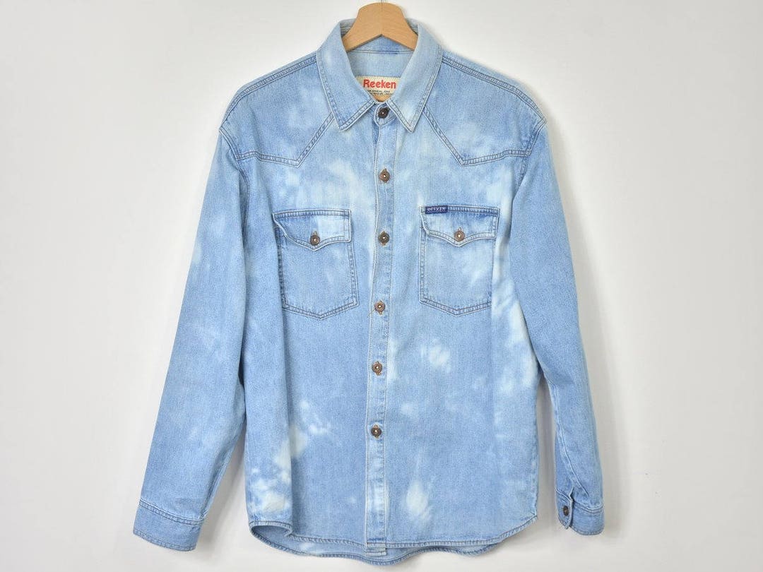 Acid Wash Denim SHIRT Vintage Stone Wash Jean Blue Jeans Hipster Button
