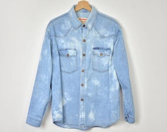 Acid Wash Denim SHIRT Vintage stone wash jean blue jeans hipster button up 1990's grunge unisex M/L