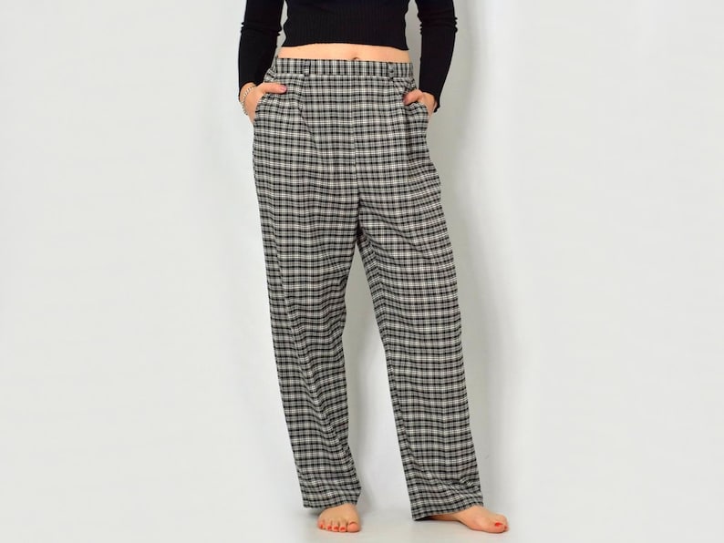 Checkered pants RETRO black white super High waisted trousers retro loose fit leg vintage hipster XXXL