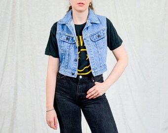 Windstar denim gilet vintage anni '90 jeans senza maniche cropped top blu rocker button su M Medium
