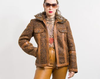 Vintage Shearling Jacket Faux Fur Leather Winter XL