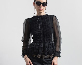 Blusa gotica con volant e maniche trasparenti Y2K, top nero S/M