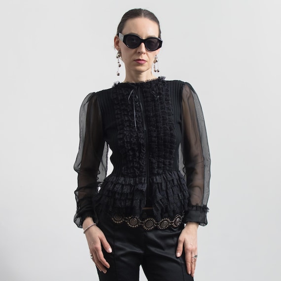 Gothic Ruffle Blouse Sheer Sleeves Y2K Black Top S/M