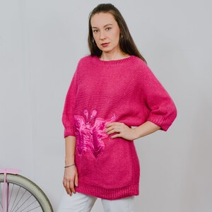 Butterfly sweater pink vintage 80's raspberry retro reglan slleve 3/4 pullover oversized one size L-XXL image 5