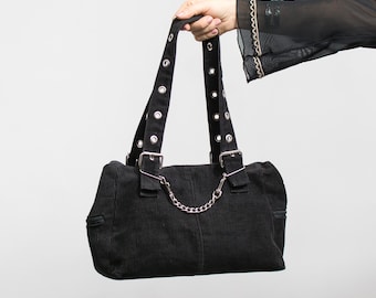 Y2K Black Corduroy Studded Shoulder Bag with Keychain
