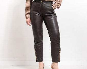 Vintage Brown Leather Pants, Trachten Trousers Women's L