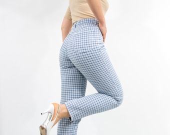 Plaid mom jeans vintage 90s denim bleu blanc effilée taille jambe W29 M/L