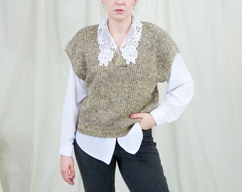 Beige trui vest vintage melange mouwloze rode V hals trui handgemaakte one size L-XXL