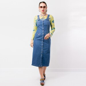 john baner denim dress Vintage Overall Denim Dress John Baner Button Down Blue Women Size S/M