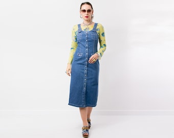 Vintage overall denim dress John Baner button down blue women size S/M