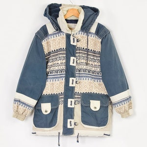 Puffy Jacket Vintage 90's Ethnic patterned blue hooded hipster sport retro puffer M Medium image 7