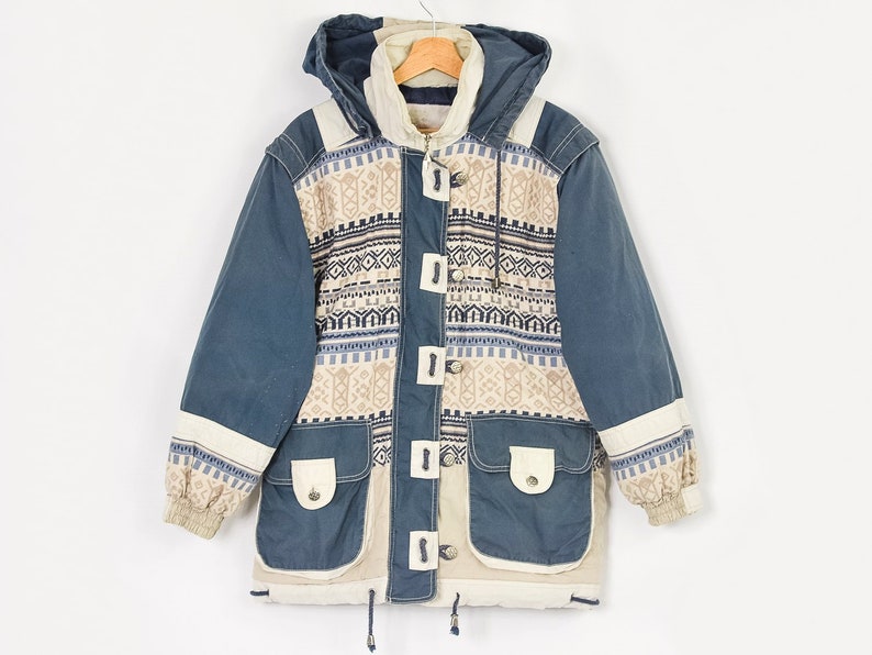 Puffy Jacket Vintage 90's Ethnic patterned blue hooded hipster sport retro puffer M Medium image 7