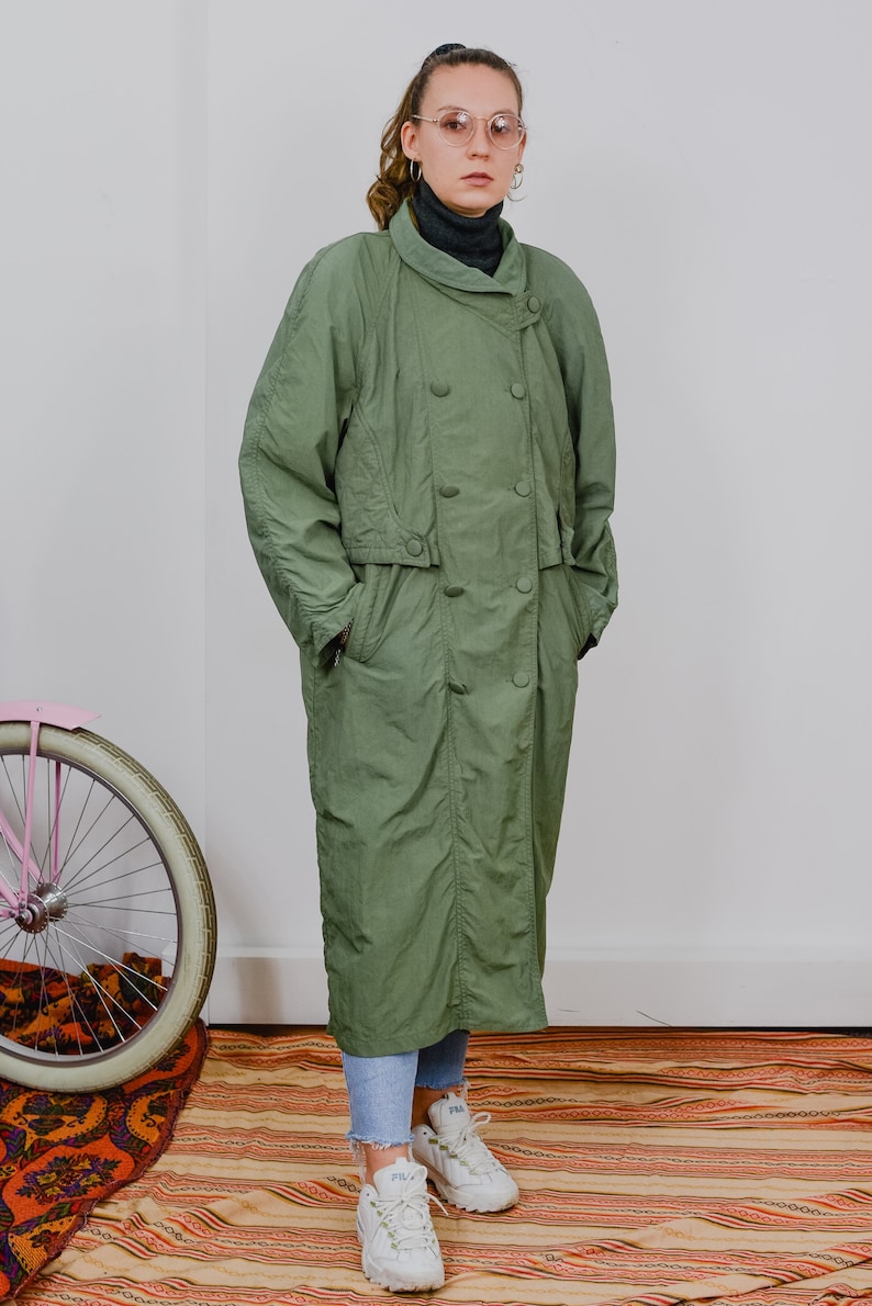 Green coat vintage 80's Bloomies autumn spring military maxi jacket reglan sleeve overcoat padded shoulders tied waist women XL image 2