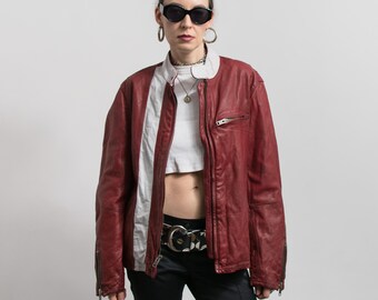 Chaqueta de carreras de cuero rojo Y2K GAP Vintage Distressed Biker