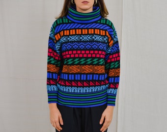 Zig zag sweater multi colour jumper patterned turtle neck pullover norwegian vintage women M/L