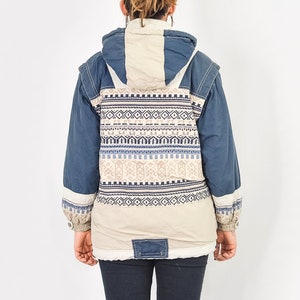 Puffy Jacket Vintage 90's Ethnic patterned blue hooded hipster sport retro puffer M Medium image 6