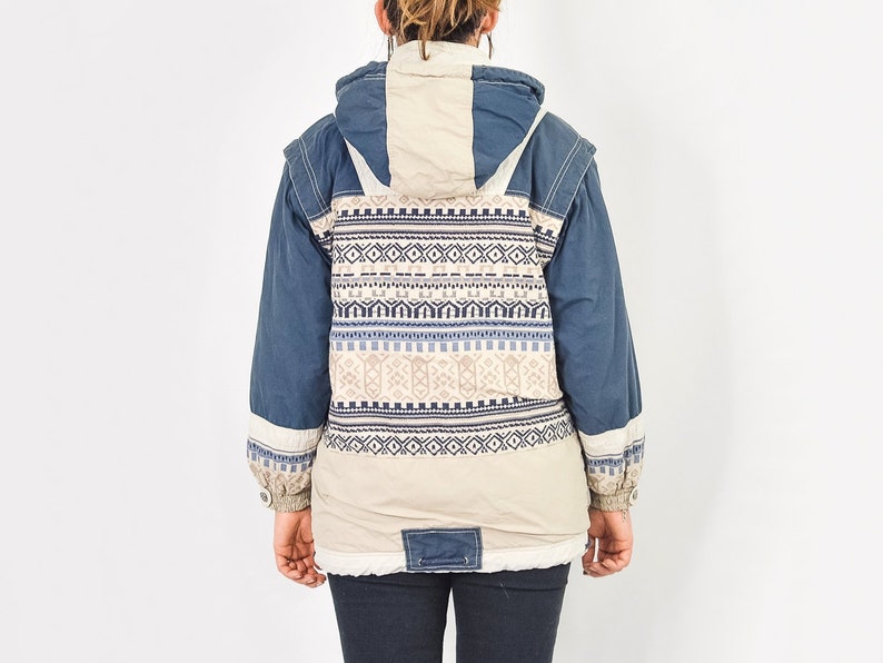 Puffy Jacket Vintage 90's Ethnic patterned blue hooded hipster sport retro puffer M Medium image 6