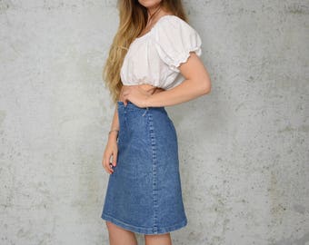 Blue skirt Denim midi Vintage 90's midi jean High waisted Pockets 1990's L Large size
