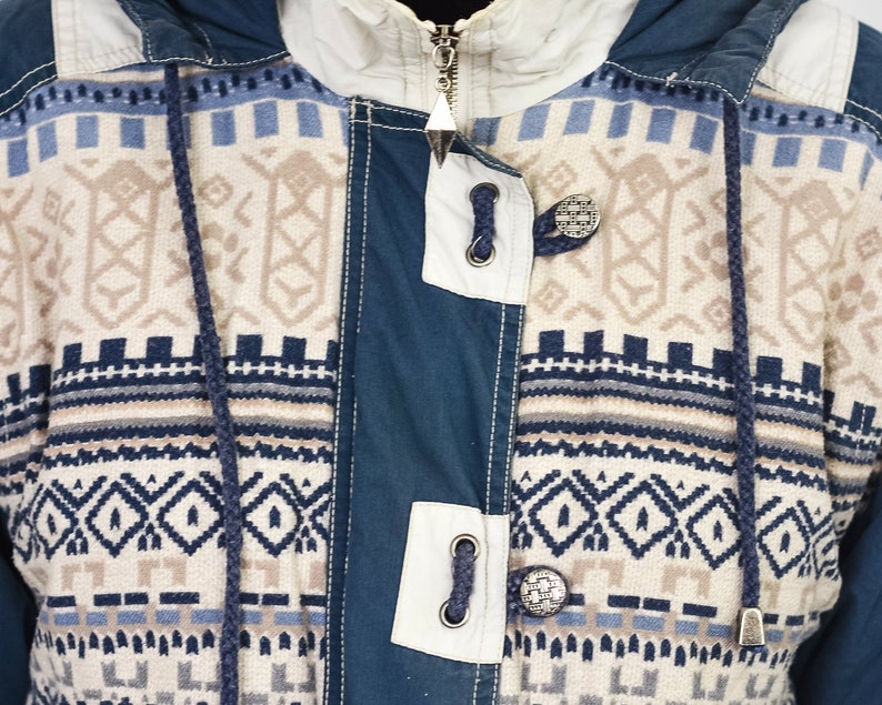 Geschwollene Jacke Vintage 90 ethnischen gemusterten blauen Kapuzen Hipster Sport retro Kugelfisch M Medium Bild 2