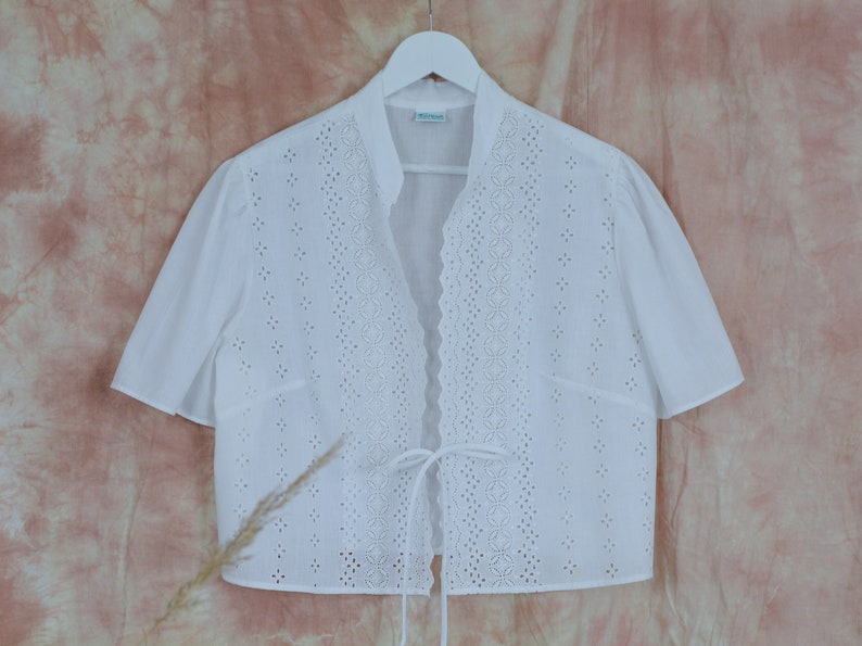 Ethnic white blouse short sleeve lace shirt retro minimalist XL/XXL image 6