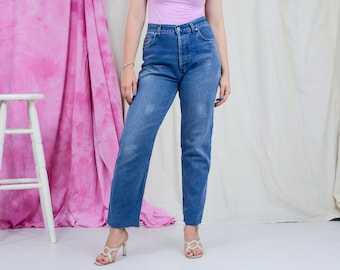 Corduroy Hose W32 L31 blau Vintage Jeans 90er Jahre hohe Taille abgeschnitten Hose gerade Bein Knopf fliegen L/XL