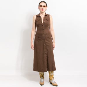 Vintage Brown Midi Denim Dress | 90s western sleeveless made in USA | women size XS/S
