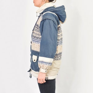 Puffy Jacket Vintage 90's Ethnic patterned blue hooded hipster sport retro puffer M Medium image 4