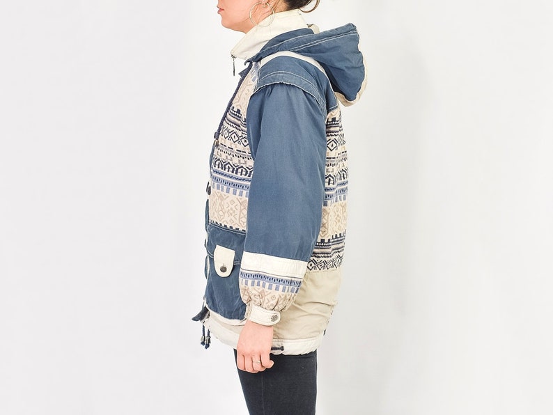 Puffy Jacket Vintage 90's Ethnic patterned blue hooded hipster sport retro puffer M Medium image 4