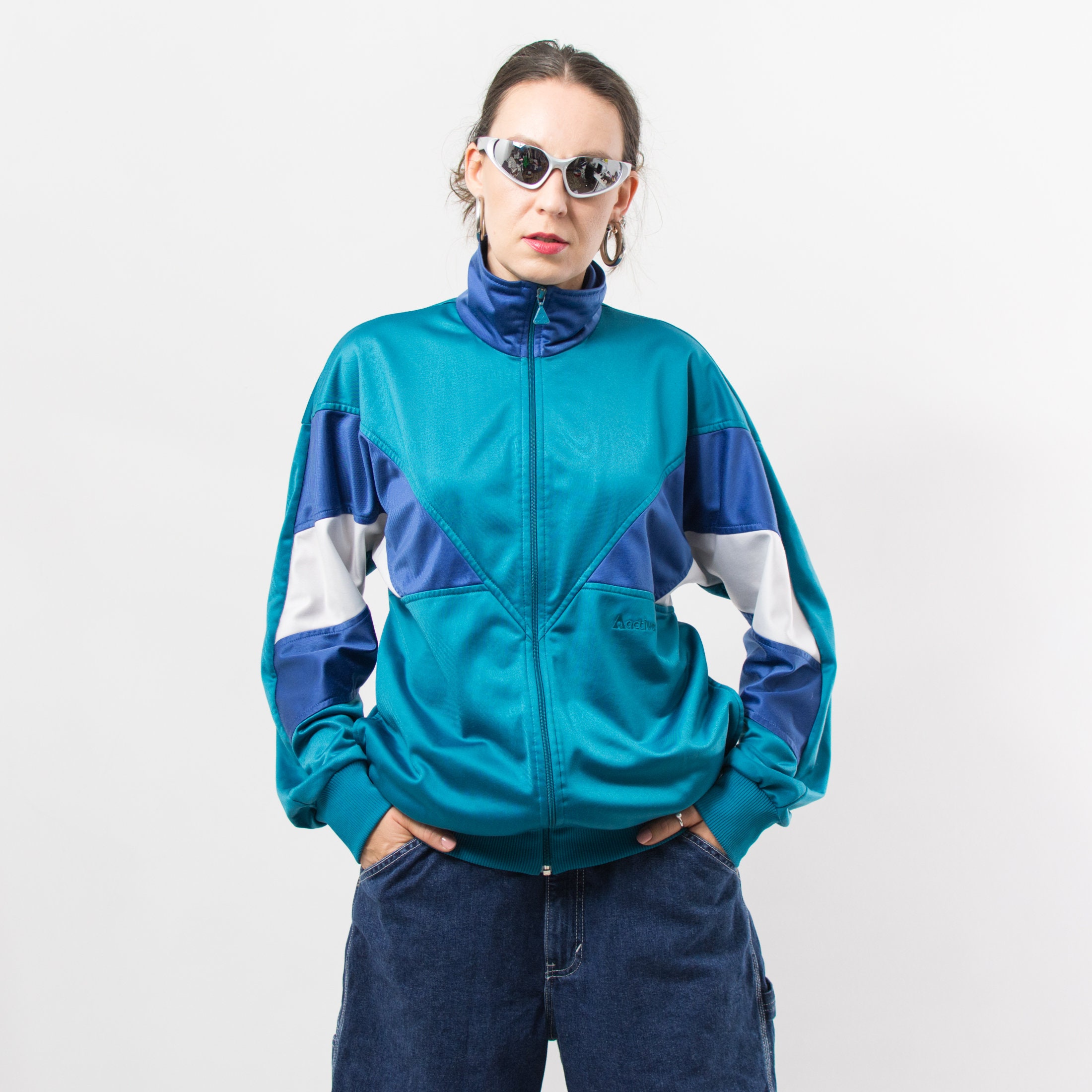 Vintage 90's Active Track Jacket Zip up Sweatshirt Green Women