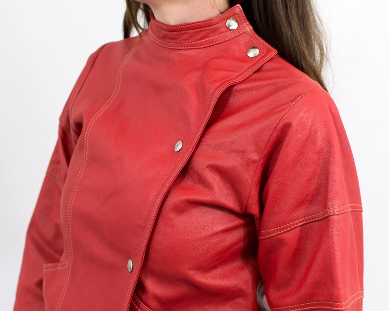 Red leather jacket vintage biker women size M image 4