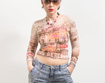 Printed mesh crop top made in USA vintage sheer blouse Y2K women size S