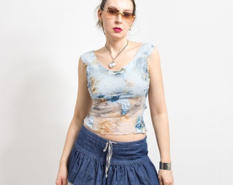 Mesh crop top vintage printed sheer y2k sleeveless blouse women size XS