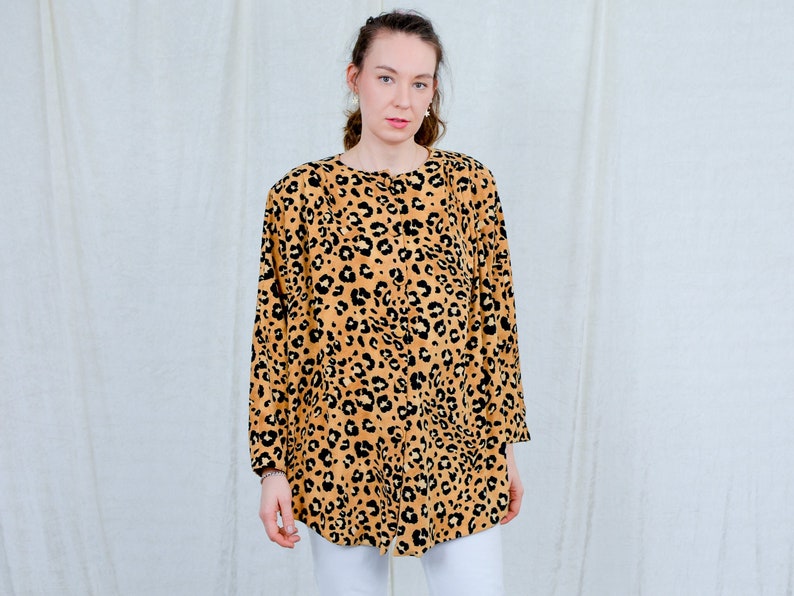 Leopard blouse velvet top vintage 80s padded shoulders animal pattern women size plus 4XL5XL