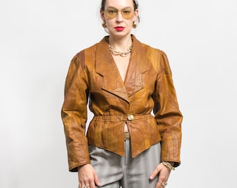 Chaqueta de cuero con parches vintage de los años 80, estilo retro, para mujer, talla L/XL