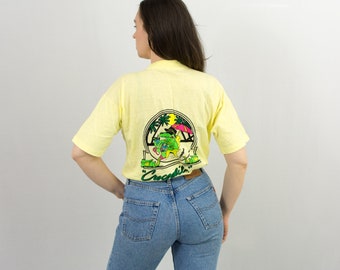 Crocodile tshirt vintage 90s printed yellow top summer women L/XL