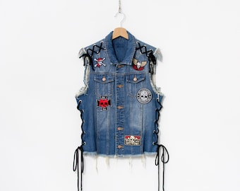 Unique biker denim vest patched lacing women size M