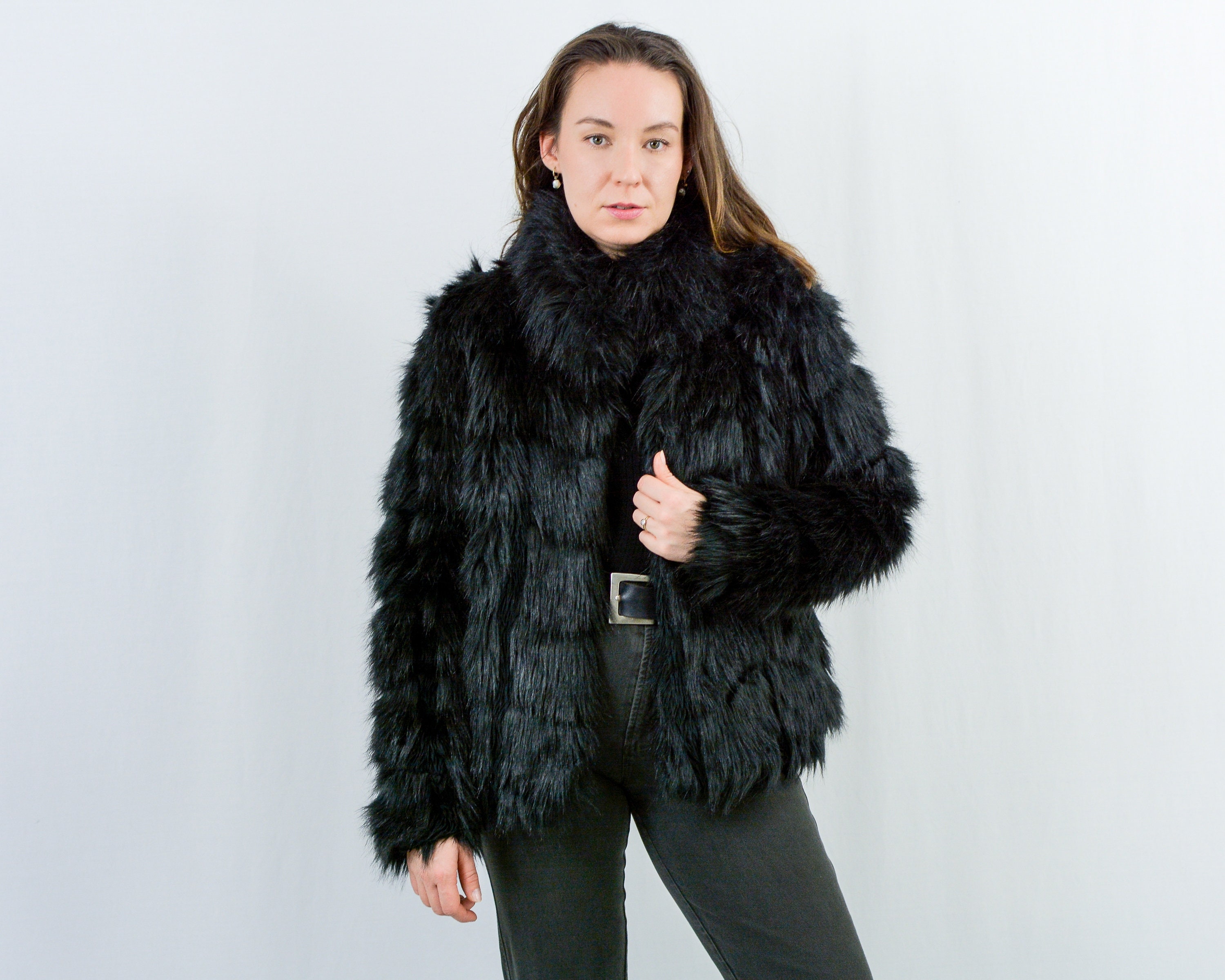 Black Faux Fur Vintage Y2k Jacket Party Coat Vegan Friendly
