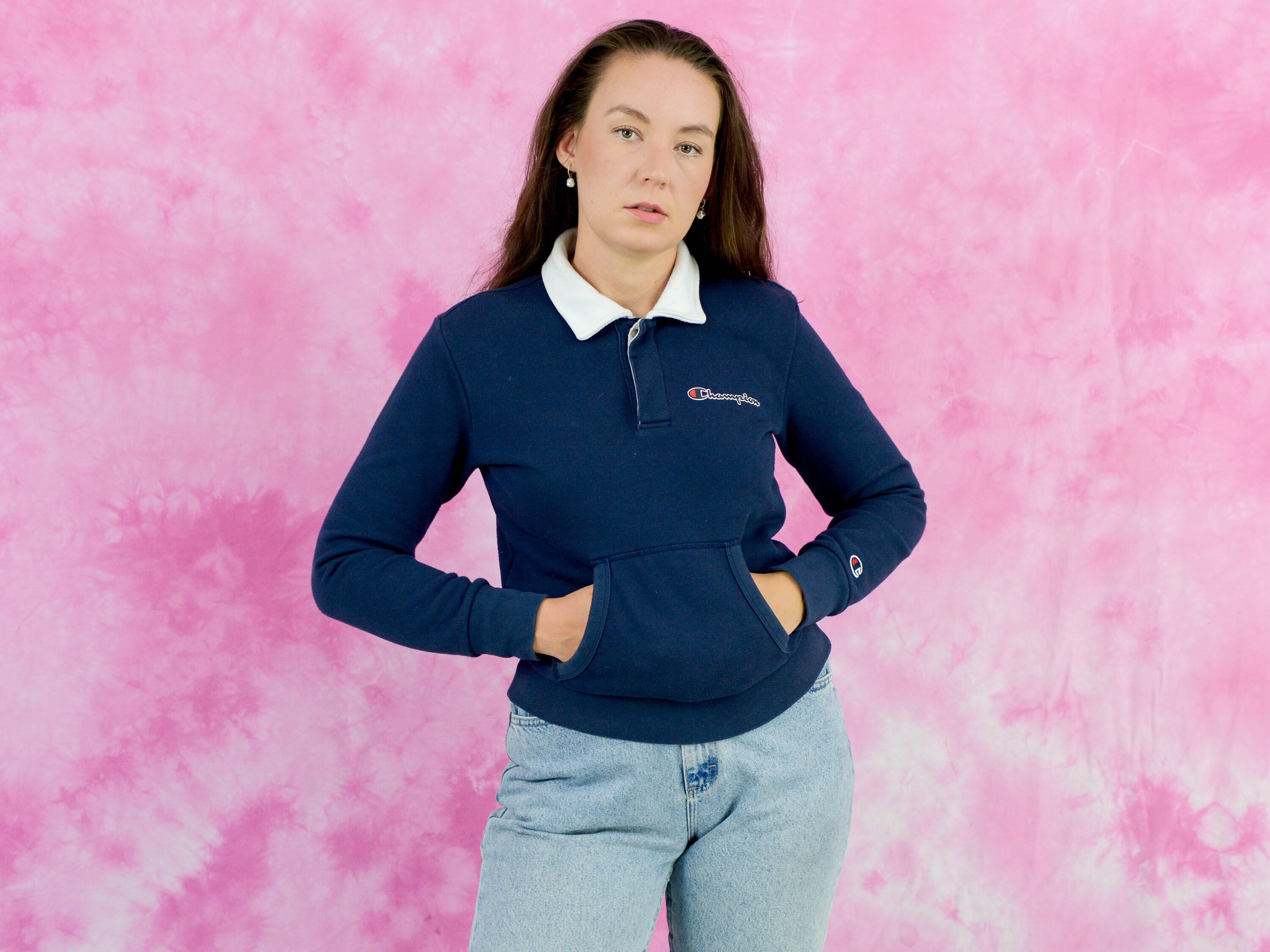 Champion Sweatshirt Vintage Blue Polo Collared Top Women XS M