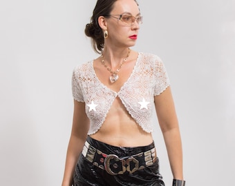 Crochet top white boho blouse transparent festival vintage women size S/M