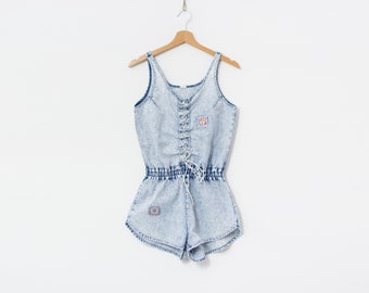 80s/90s été denim jumpsuit vintage short stonewashed femmes taille S