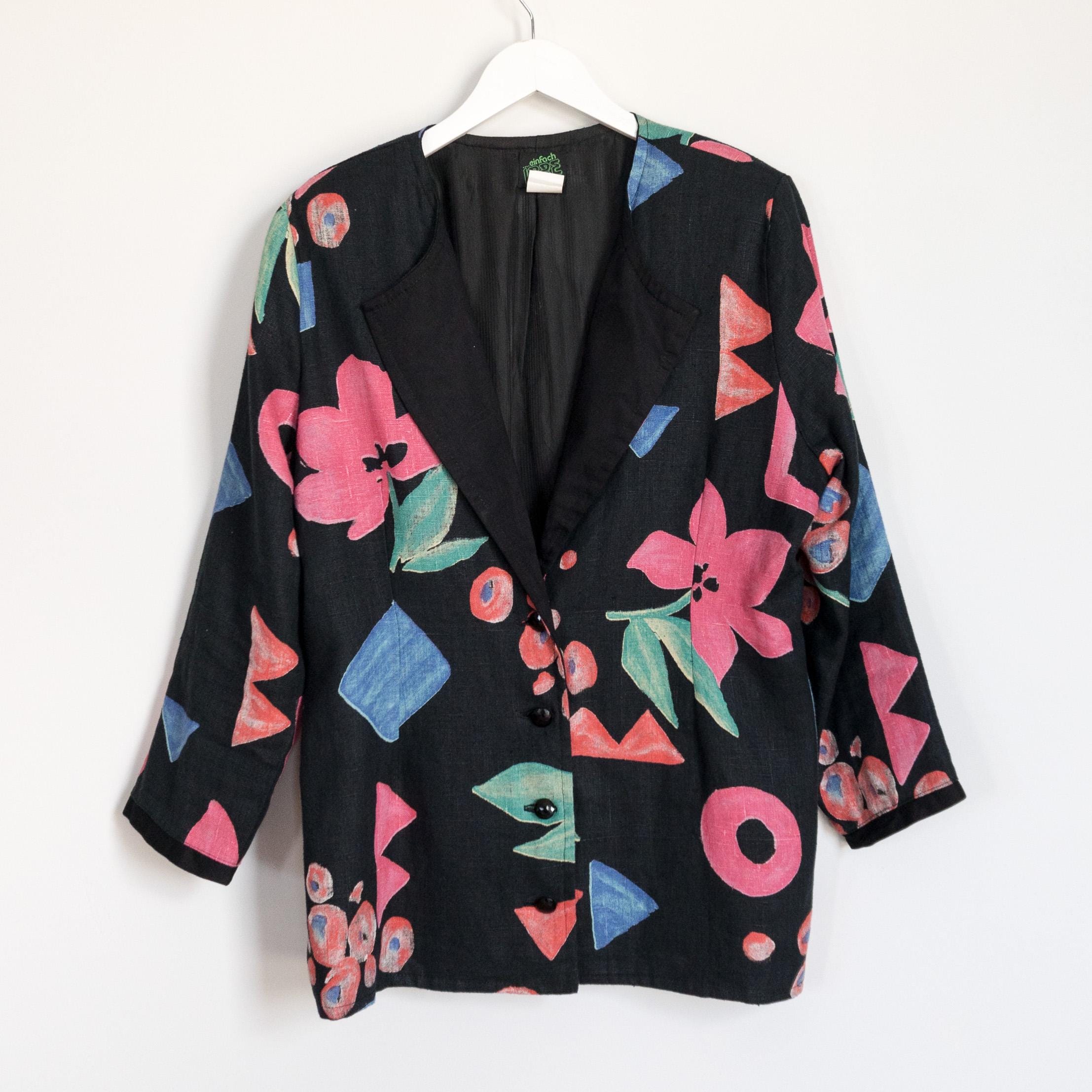 80s Vintage Linen Cotton Patterned Blazer | Oversized Retro Jacket