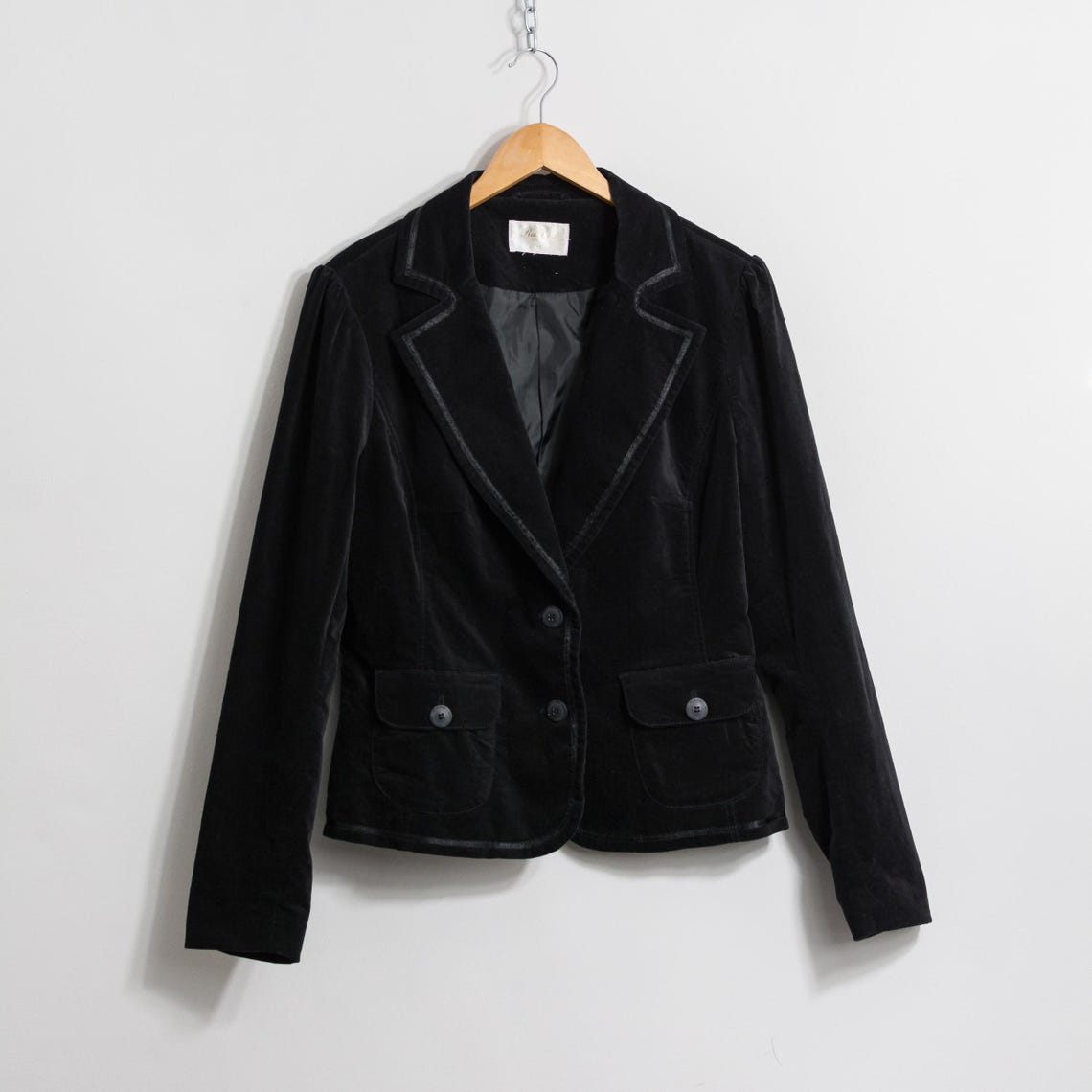 Y2K Black Velvet Blazer Fitted Vintage Tailored Jacket L/XL, foto 2 de 5