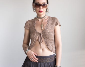 Crochet Boho Festival Top Beige Openwork blouse S
